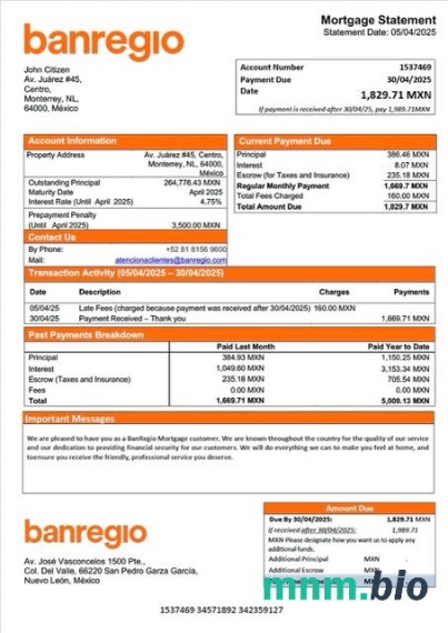 Meksyk BanRegio wyciąg z kredytu hipotecznego szablon Word i PDF